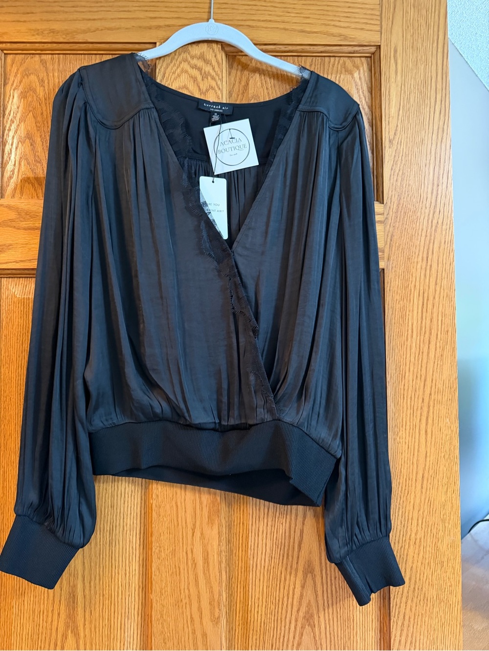 Current Air Black Satin Wrap Blouse
